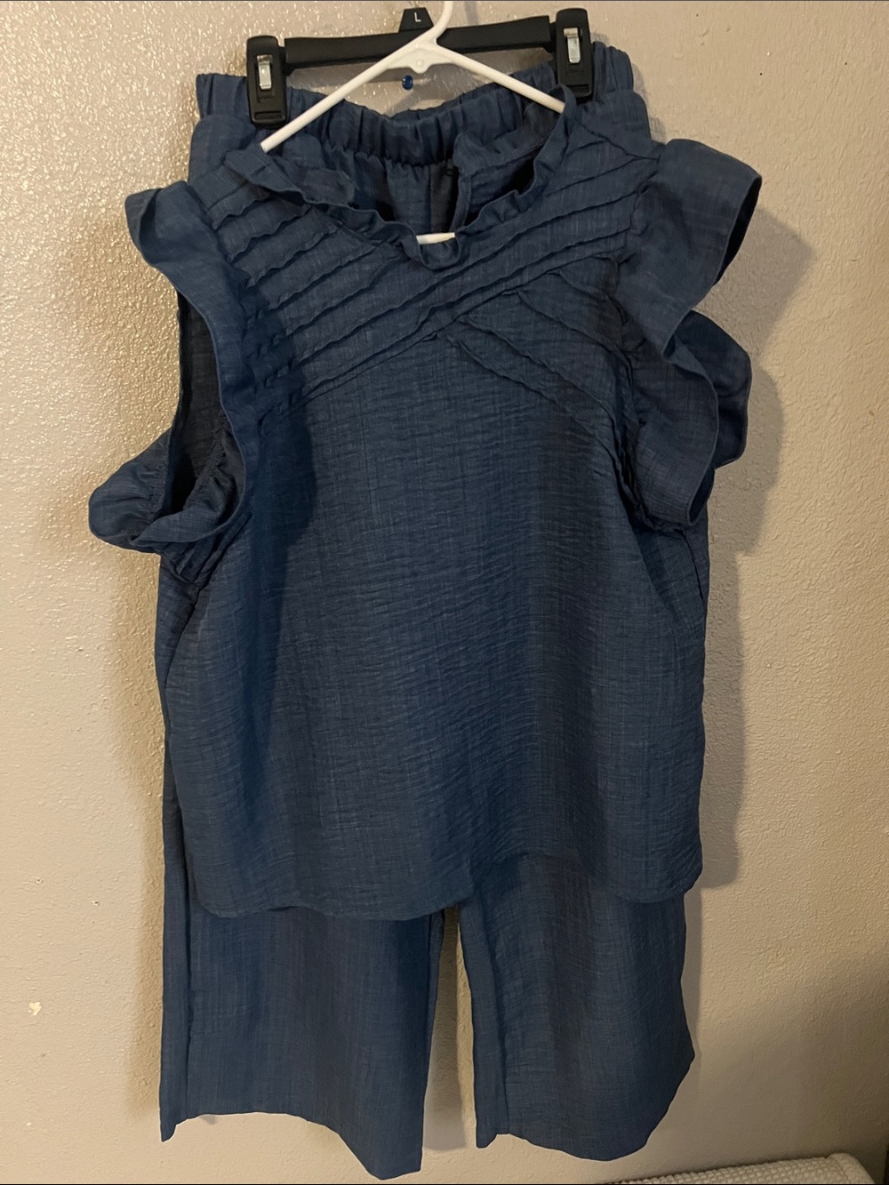 SHEIN Navy Pintuck Ruffle Sleeveless Top & Matching Pants Set